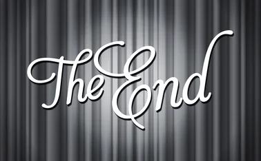 black and white theater curtains with "The End" in cursive text in center