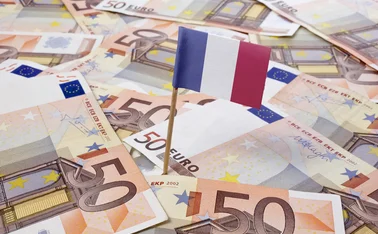 A pile of euro notes with a French flag planted in the middle