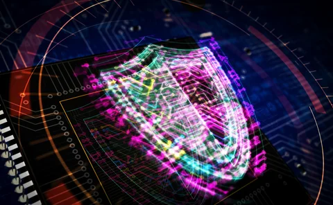 Digital shield overlaid on abstract computer circuit board background 