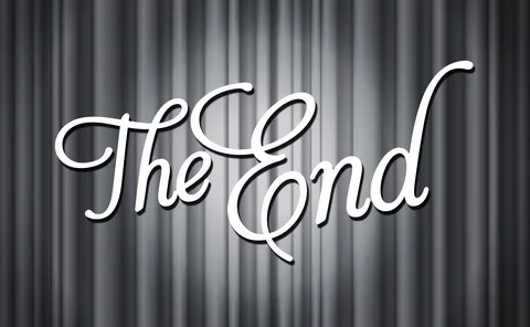 black and white theater curtains with "The End" in cursive text in center