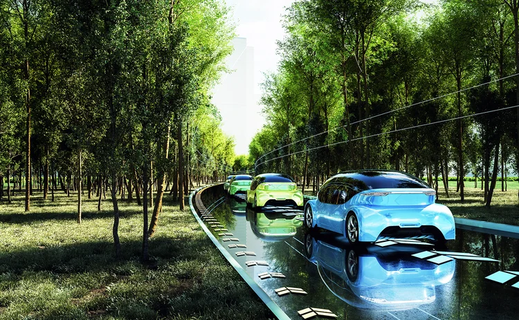 Eco-friendly cars driving in green city_concept