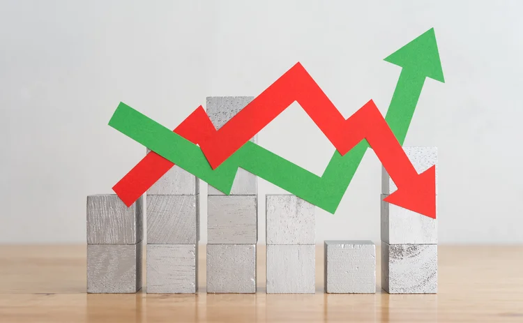 Wood bar chart and arrow red green graph chart volatility moving