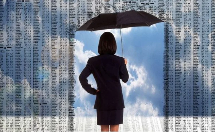 Businesswoman under an umbrella with information raining down