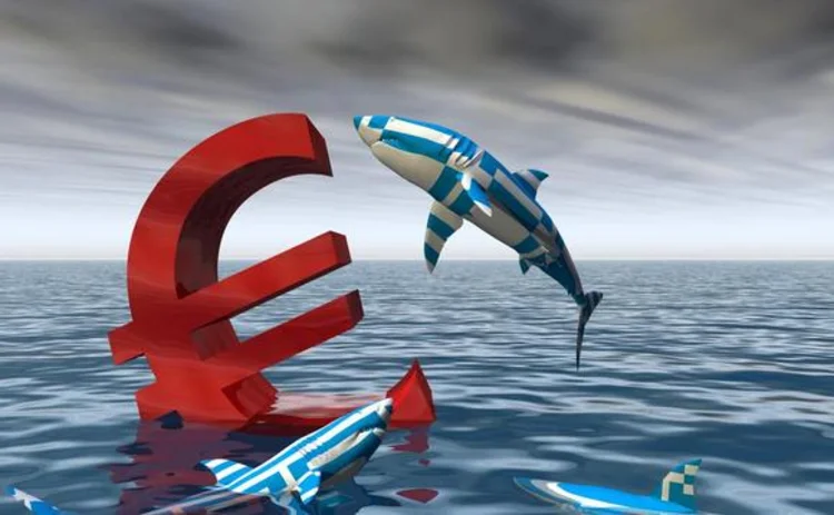 Concept image of Greek sharks circling sinking euro